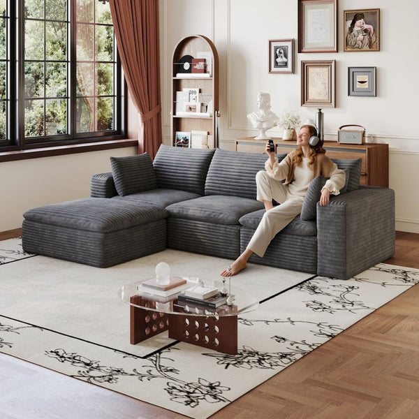 English Elm 102 Inch Corduroy Cloud Sectional Sofa with Deep Sink Seat and Modular Layout Dark Grey W2824S00224