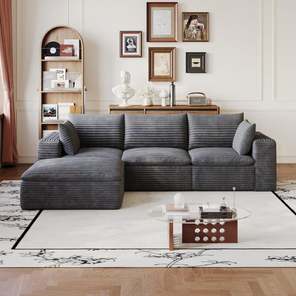 English Elm 102 Inch Corduroy Cloud Sectional Sofa with Deep Sink Seat and Modular Layout Dark Grey W2824S00224