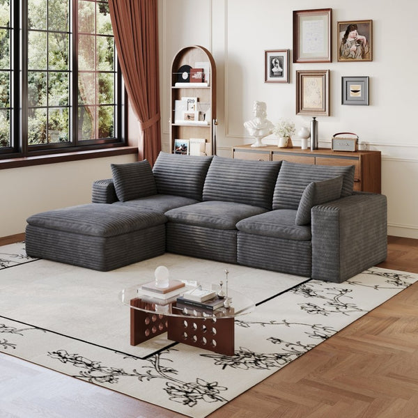 English Elm 102 Inch Corduroy Cloud Sectional Sofa with Deep Sink Seat and Modular Layout Dark Grey W2824S00224
