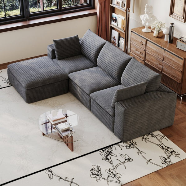 English Elm 102 Inch Corduroy Cloud Sectional Sofa with Deep Sink Seat and Modular Layout Dark Grey W2824S00224