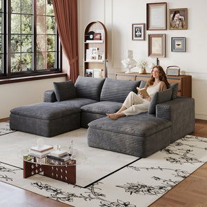 English Elm 102 Inch Corduroy Modular Sectional Sofa with Deep Cloud Cushions for Living Rooms Dark Grey W2824S00225