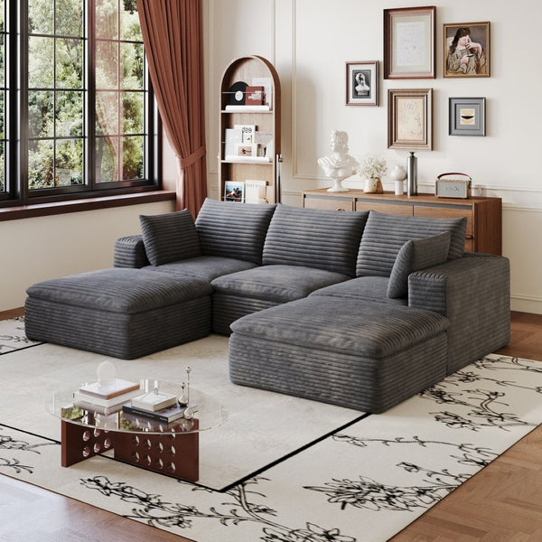 English Elm 102 Inch Corduroy Modular Sectional Sofa with Deep Cloud Cushions for Living Rooms Dark Grey W2824S00225