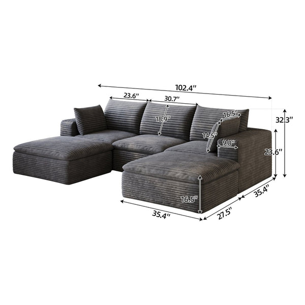 English Elm 102 Inch Corduroy Modular Sectional Sofa with Deep Cloud Cushions for Living Rooms Dark Grey W2824S00225