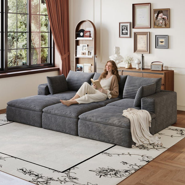 English Elm 102 Inch Modular Corduroy Sectional Sofa with Plush Double Layer Cloud Cushions Dark Grey W2824S00226