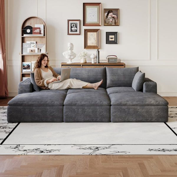 English Elm 102 Inch Modular Corduroy Sectional Sofa with Plush Double Layer Cloud Cushions Dark Grey W2824S00226