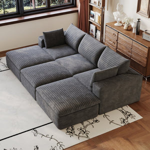 English Elm 102 Inch Modular Corduroy Sectional Sofa with Plush Double Layer Cloud Cushions Dark Grey W2824S00226