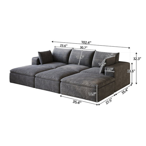 English Elm 102 Inch Modular Corduroy Sectional Sofa with Plush Double Layer Cloud Cushions Dark Grey W2824S00226
