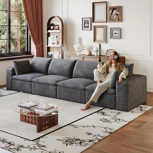 English Elm 134" Cloud Modular Sofa Corduroy Upholstered Deep Seat for Living Room or Lounge Dark Grey W2824S00227