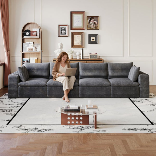 English Elm 134" Cloud Modular Sofa Corduroy Upholstered Deep Seat for Living Room or Lounge Dark Grey W2824S00227