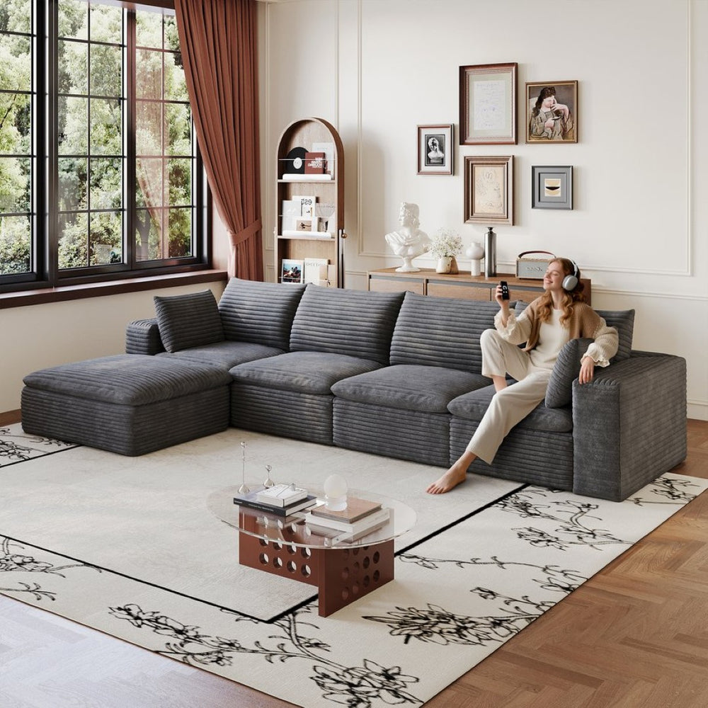 English Elm 134 Inch Modular Cloud Sofa Corduroy Upholstery Deep Seat Plush Cotton Living Room Dark Grey W2824S00228
