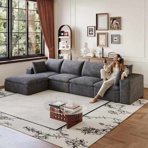 English Elm 134 Inch Modular Cloud Sofa Corduroy Upholstery Deep Seat Plush Cotton Living Room Dark Grey W2824S00228