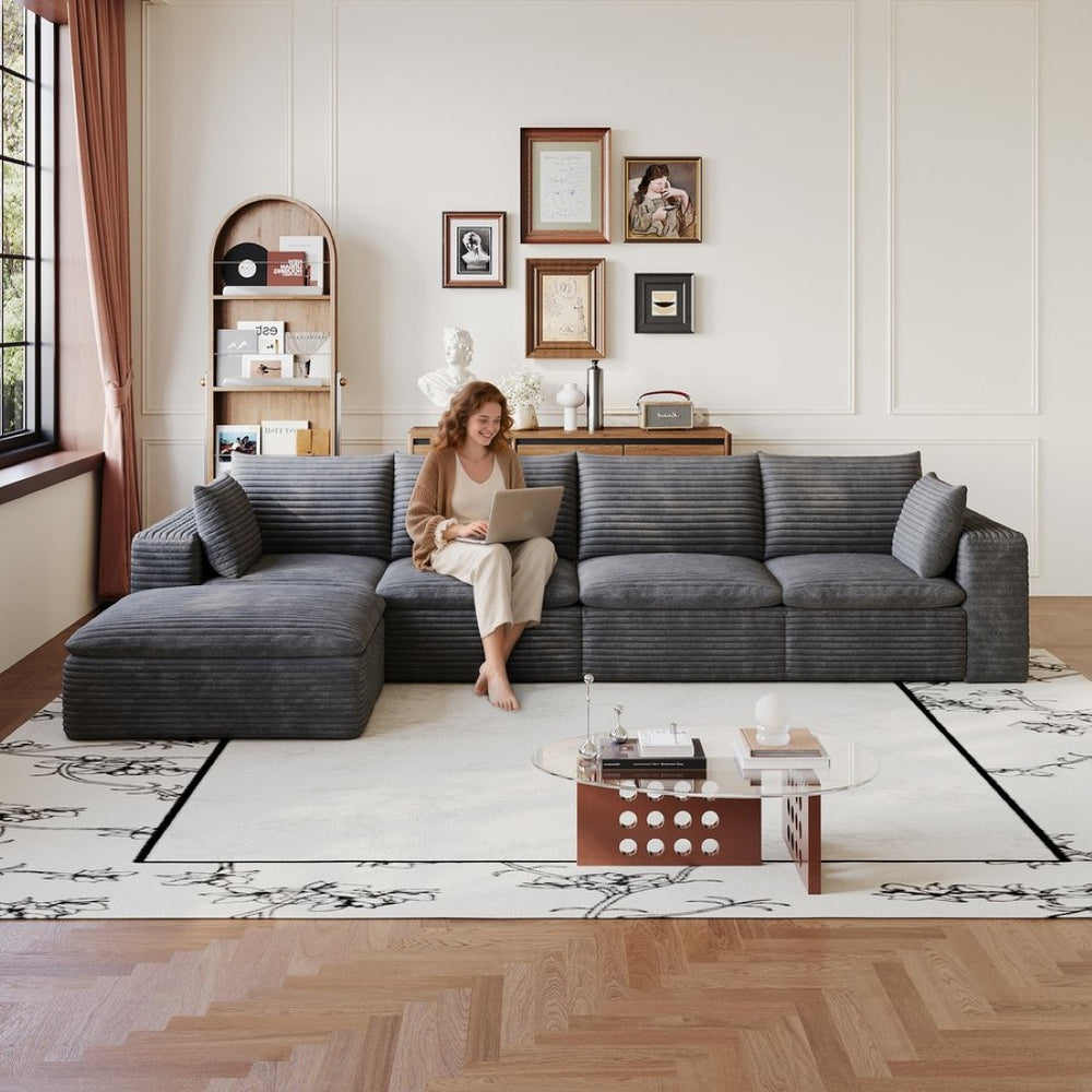 English Elm 134 Inch Modular Cloud Sofa Corduroy Upholstery Deep Seat Plush Cotton Living Room Dark Grey W2824S00228