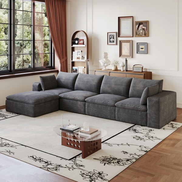 English Elm 134 Inch Modular Cloud Sofa Corduroy Upholstery Deep Seat Plush Cotton Living Room Dark Grey W2824S00228