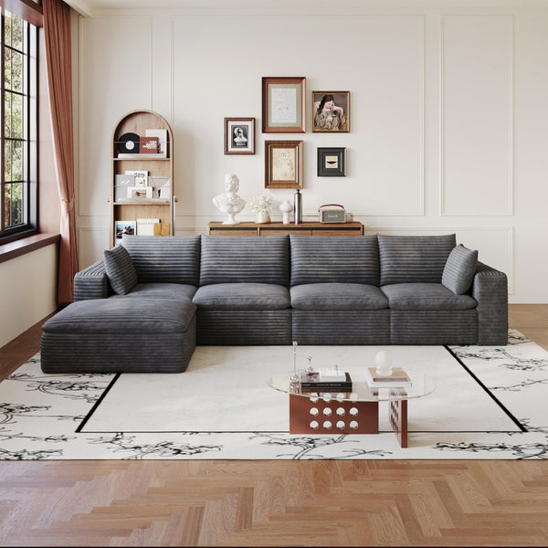 English Elm 134 Inch Modular Cloud Sofa Corduroy Upholstery Deep Seat Plush Cotton Living Room Dark Grey W2824S00228