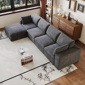 English Elm 134 Inch Modular Cloud Sofa Corduroy Upholstery Deep Seat Plush Cotton Living Room Dark Grey W2824S00228