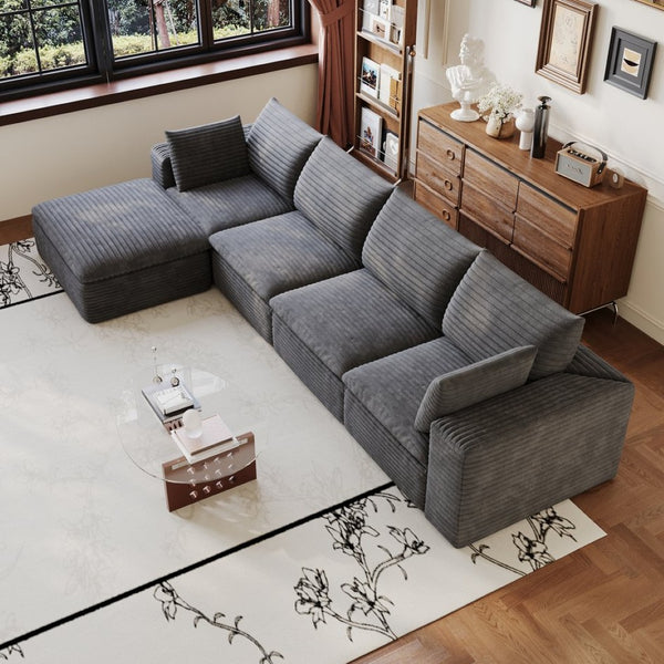English Elm 134 Inch Modular Cloud Sofa Corduroy Upholstery Deep Seat Plush Cotton Living Room Dark Grey W2824S00228