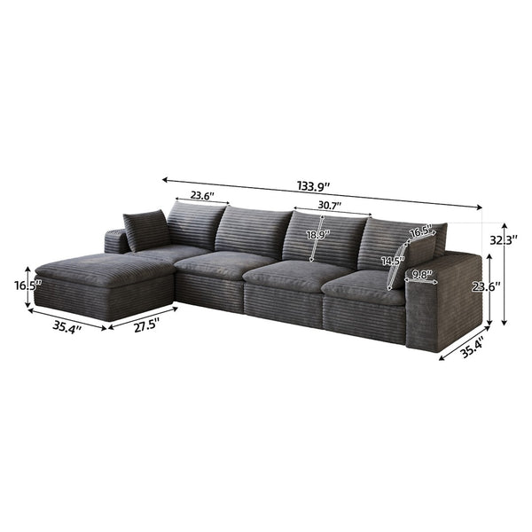 English Elm 134 Inch Modular Cloud Sofa Corduroy Upholstery Deep Seat Plush Cotton Living Room Dark Grey W2824S00228