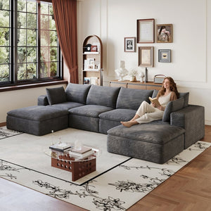 English Elm 134 Inch Modular Cloud Sofa Corduroy Upholstered Deep Seat Sectional for Living Room Dark Grey W2824S00229