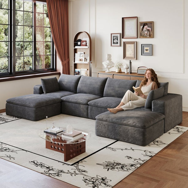 English Elm 134 Inch Modular Cloud Sofa Corduroy Upholstered Deep Seat Sectional for Living Room Dark Grey W2824S00229
