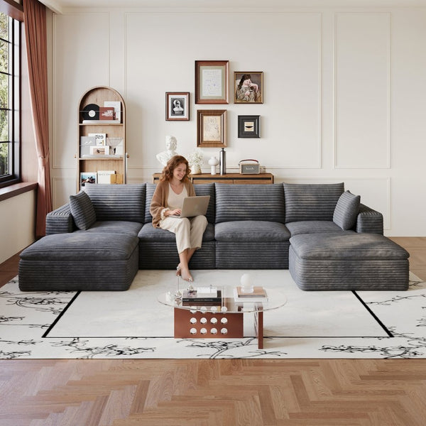 English Elm 134 Inch Modular Cloud Sofa Corduroy Upholstered Deep Seat Sectional for Living Room Dark Grey W2824S00229