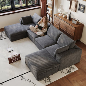 English Elm 134 Inch Modular Cloud Sofa Corduroy Upholstered Deep Seat Sectional for Living Room Dark Grey W2824S00229