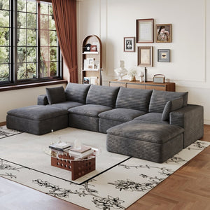 English Elm 134 Inch Modular Cloud Sofa Corduroy Upholstered Deep Seat Sectional for Living Room Dark Grey W2824S00229
