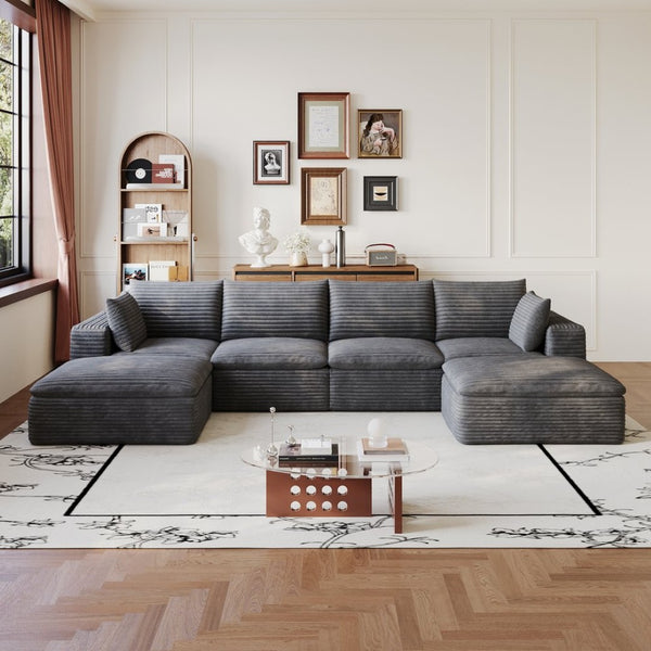 English Elm 134 Inch Modular Cloud Sofa Corduroy Upholstered Deep Seat Sectional for Living Room Dark Grey W2824S00229