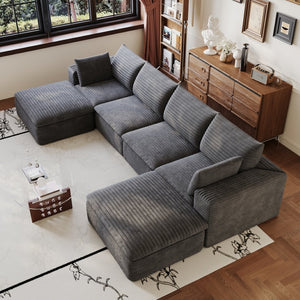 English Elm 134 Inch Modular Cloud Sofa Corduroy Upholstered Deep Seat Sectional for Living Room Dark Grey W2824S00229
