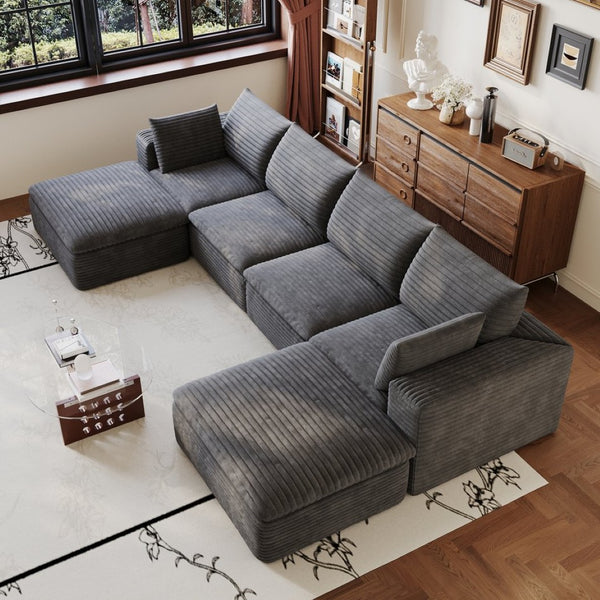 English Elm 134 Inch Modular Cloud Sofa Corduroy Upholstered Deep Seat Sectional for Living Room Dark Grey W2824S00229