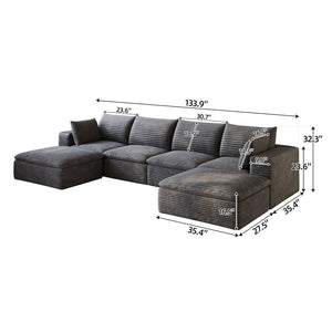English Elm 134 Inch Modular Cloud Sofa Corduroy Upholstered Deep Seat Sectional for Living Room Dark Grey W2824S00229