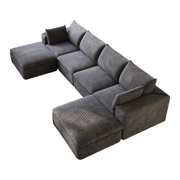 English Elm 134 Inch Modular Cloud Sofa Corduroy Upholstered Deep Seat Sectional for Living Room Dark Grey W2824S00229