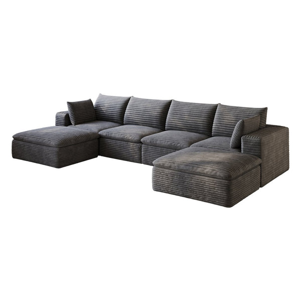 English Elm 134 Inch Modular Cloud Sofa Corduroy Upholstered Deep Seat Sectional for Living Room Dark Grey W2824S00229