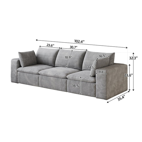 English Elm 102 Inch Modular Cloud Sofa Corduroy Upholstered Deep Seat Sectional for Living Room Grey W2824S00232