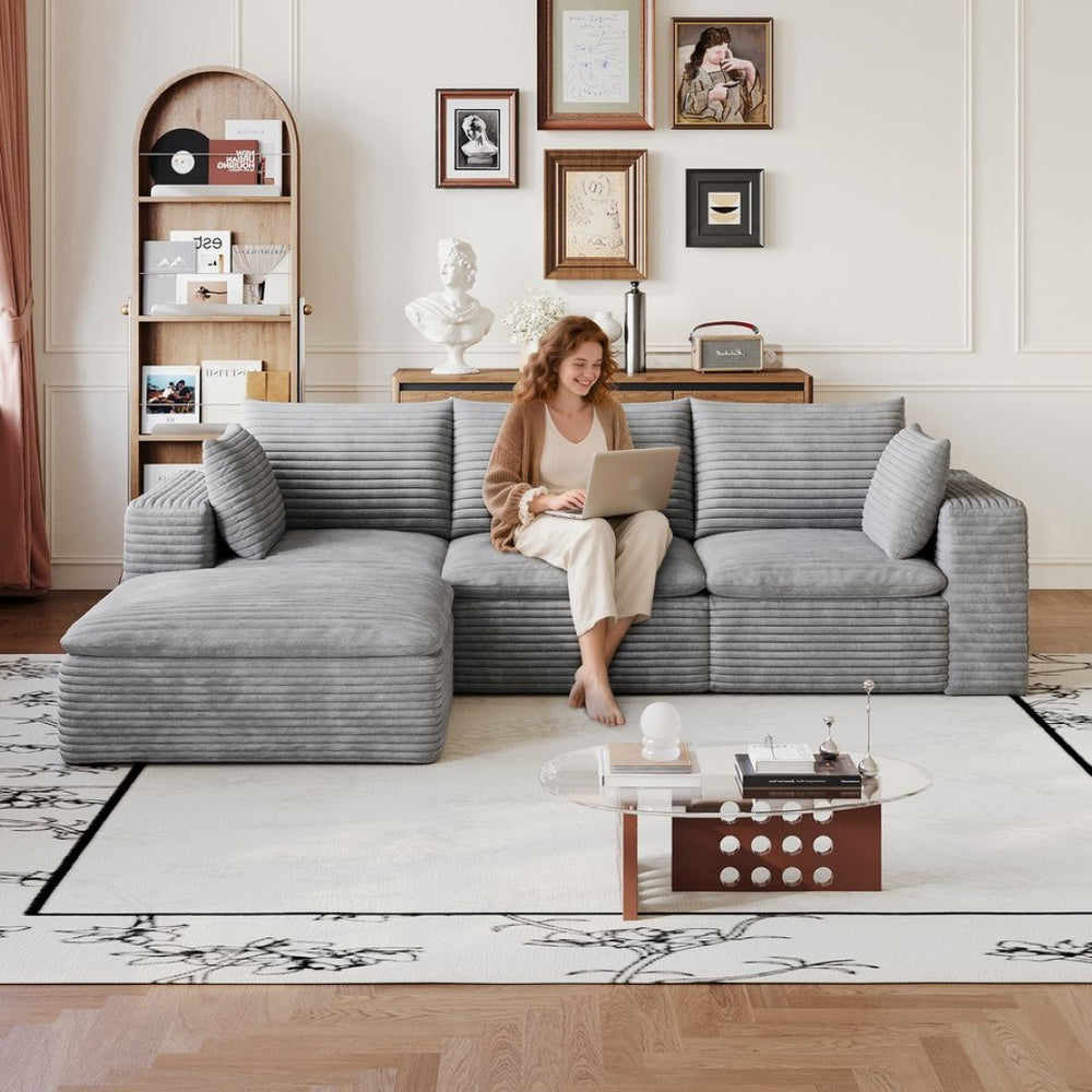 English Elm 102 Inch Corduroy Cloud Sectional Sofa with Deep Sink Seat and Modular Layout Grey W2824S00233