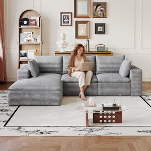 English Elm 102 Inch Corduroy Cloud Sectional Sofa with Deep Sink Seat and Modular Layout Grey W2824S00233