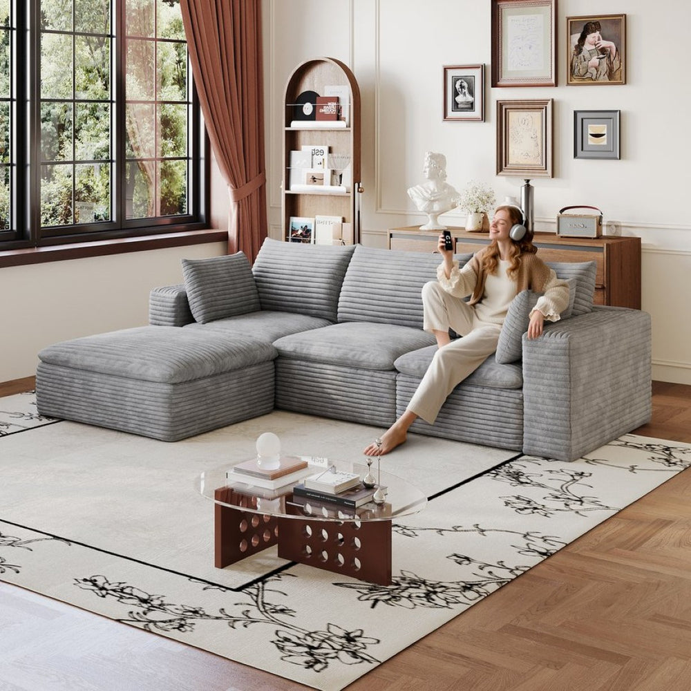 English Elm 102 Inch Corduroy Cloud Sectional Sofa with Deep Sink Seat and Modular Layout Grey W2824S00233