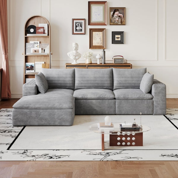 English Elm 102 Inch Corduroy Cloud Sectional Sofa with Deep Sink Seat and Modular Layout Grey W2824S00233