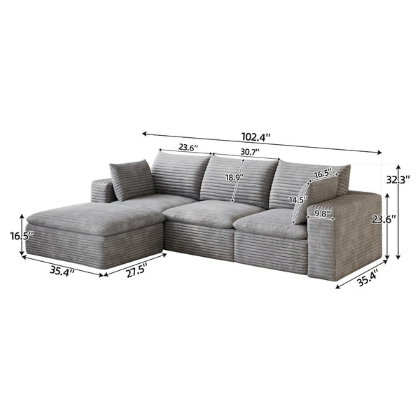 English Elm 102 Inch Corduroy Cloud Sectional Sofa with Deep Sink Seat and Modular Layout Grey W2824S00233