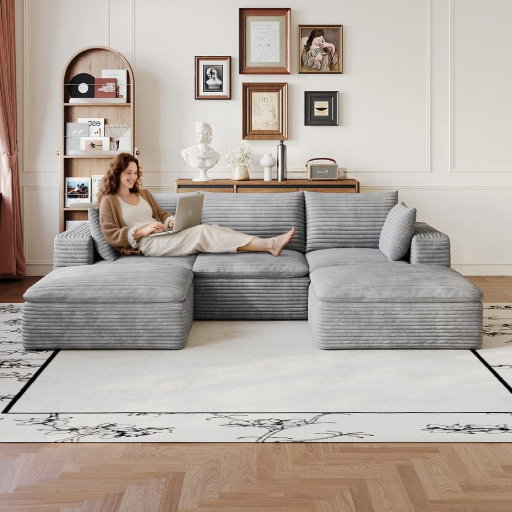 English Elm 102 Inch Corduroy Modular Sectional Sofa with Deep Cloud Cushions for Living Rooms Grey W2824S00234