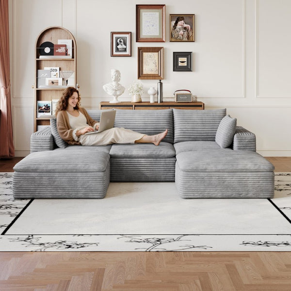 English Elm 102 Inch Corduroy Modular Sectional Sofa with Deep Cloud Cushions for Living Rooms Grey W2824S00234