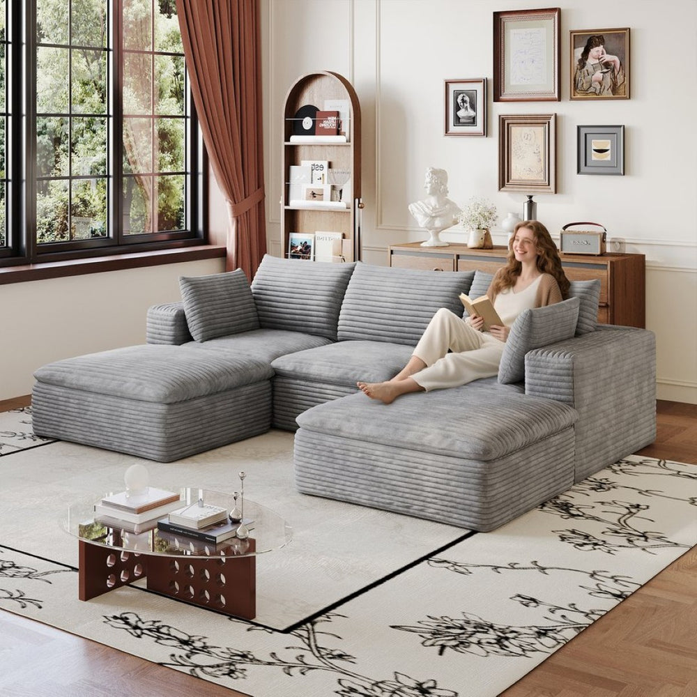 English Elm 102 Inch Corduroy Modular Sectional Sofa with Deep Cloud Cushions for Living Rooms Grey W2824S00234