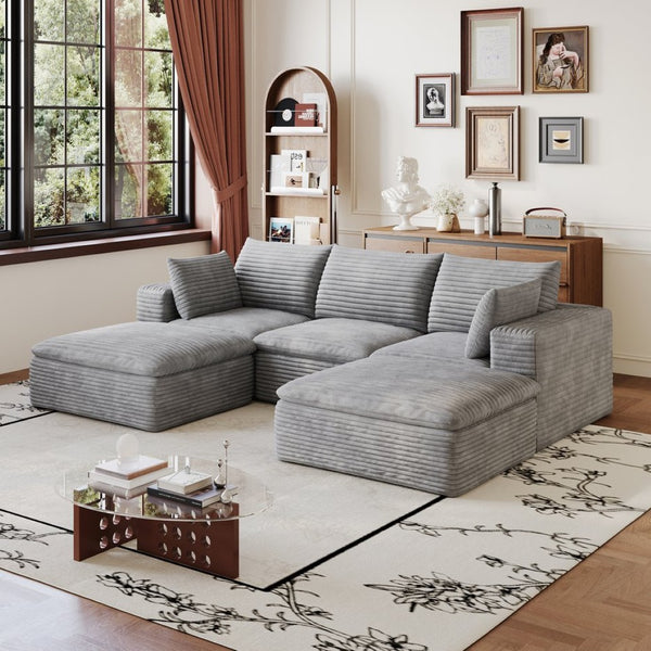 English Elm 102 Inch Corduroy Modular Sectional Sofa with Deep Cloud Cushions for Living Rooms Grey W2824S00234