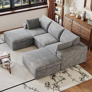 English Elm 102 Inch Corduroy Modular Sectional Sofa with Deep Cloud Cushions for Living Rooms Grey W2824S00234