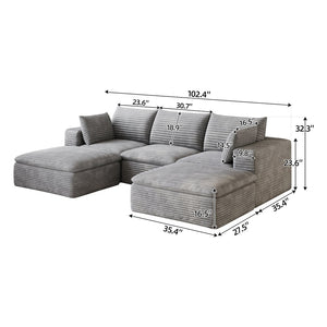 English Elm 102 Inch Corduroy Modular Sectional Sofa with Deep Cloud Cushions for Living Rooms Grey W2824S00234