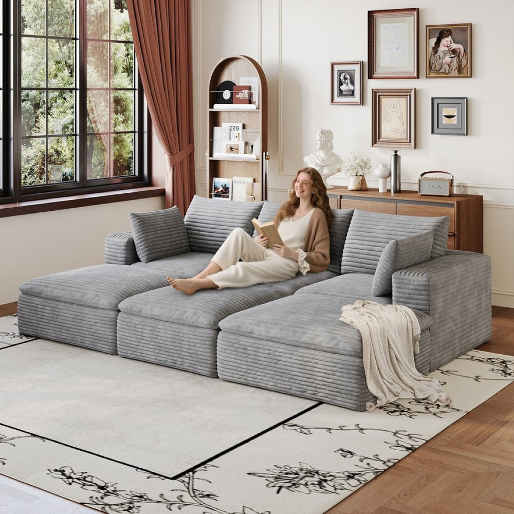 English Elm 102 Inch Modular Corduroy Sectional Sofa with Plush Double Layer Cloud Cushions Grey W2824S00235