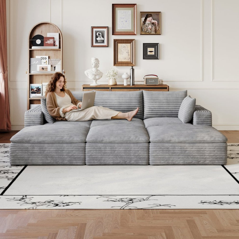 English Elm 102 Inch Modular Corduroy Sectional Sofa with Plush Double Layer Cloud Cushions Grey W2824S00235