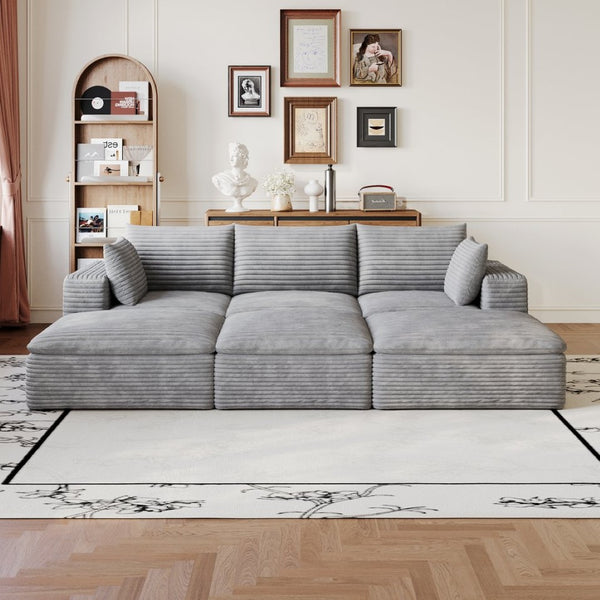 English Elm 102 Inch Modular Corduroy Sectional Sofa with Plush Double Layer Cloud Cushions Grey W2824S00235