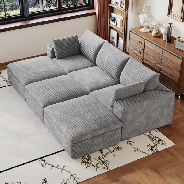 English Elm 102 Inch Modular Corduroy Sectional Sofa with Plush Double Layer Cloud Cushions Grey W2824S00235