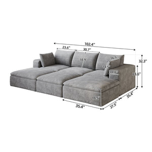 English Elm 102 Inch Modular Corduroy Sectional Sofa with Plush Double Layer Cloud Cushions Grey W2824S00235