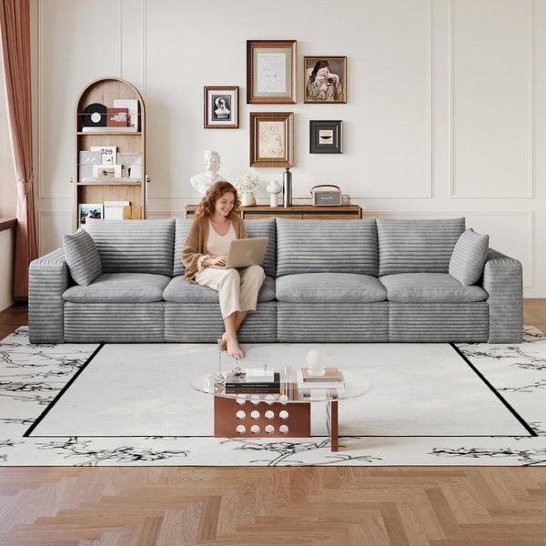 English Elm 134" Cloud Modular Sofa Corduroy Upholstered Deep Seat for Living Room or Lounge Grey W2824S00236